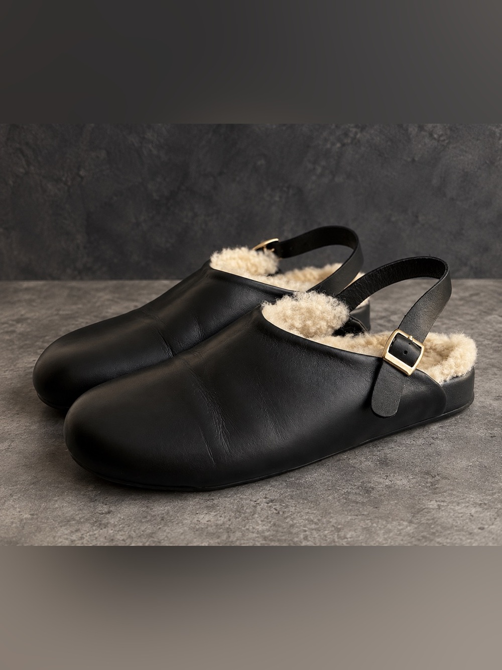 Beatrice Valenzuela Kohl Shearling Clogs Black Leather Slingback Size 9